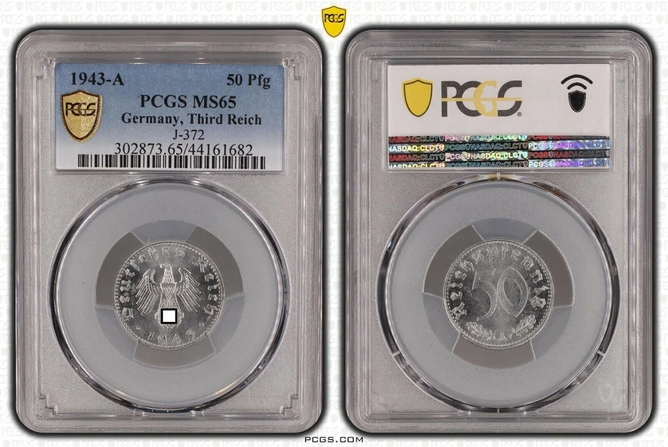 50 Pfennig Alu 1943 A prfr.-Stempelglanz PCGS zertifiziert PCGS MS65   78896 - Bild 1 von 1