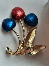 Vintage Brooch Cherries Bunch Sprig Red Blue Enamel Gold Tone Fruit Bunch 1980s