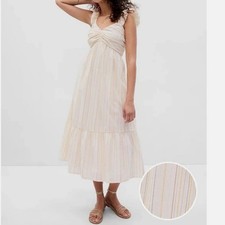 GAP | Ruched Tiered Pinstripe Midi Cotton Sun Dress with Pockets | Large