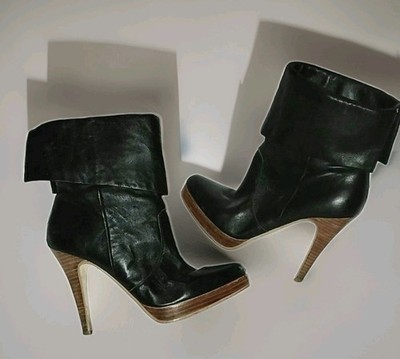 Vintage 1980's Platform Leather Boots Pointed Toe Wooden Platform Spike Heel 7
