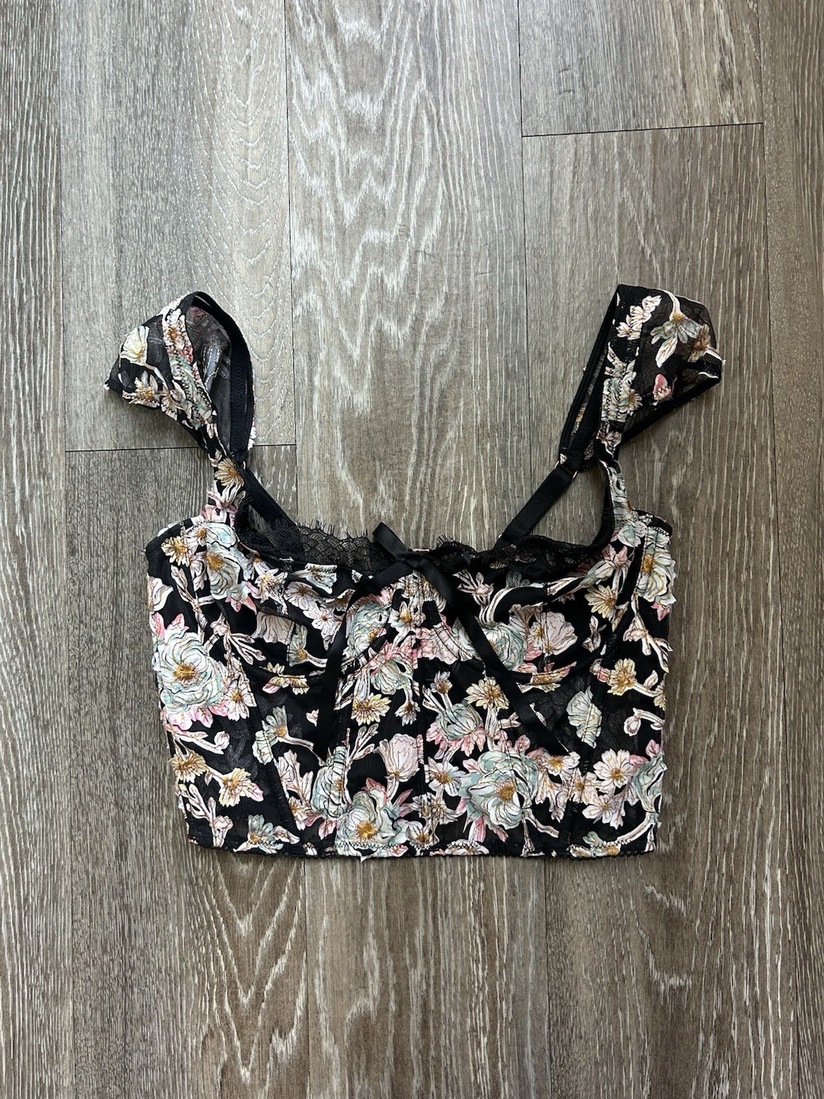 Victoria’s Secret Dream Angels Black Floral Mesh Bustier Top Romantic Coquette
