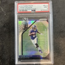 LAMAR JACKSON 2018 Prizm Rookie Introduction RC SILVER CARD#RI-12 PSA 9 GRADED. rookie card picture
