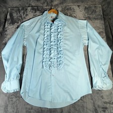 Vintage DeLton Tuxedo Shirt Mens L Blue Ruffle Formal Disco 70s USA