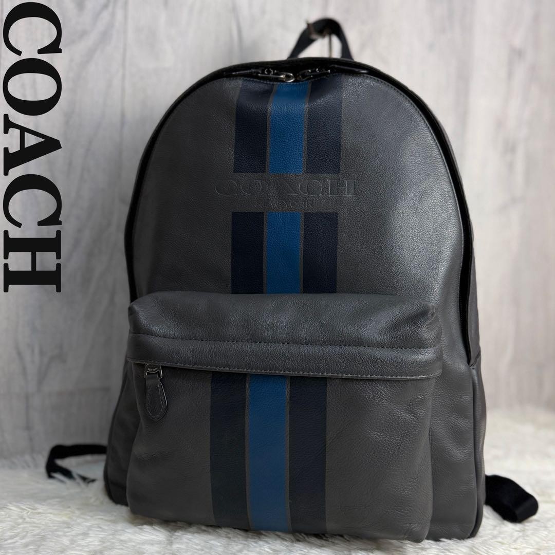 Coach A4 Leather Backpack with Striped Logo Embossed Leather Condition