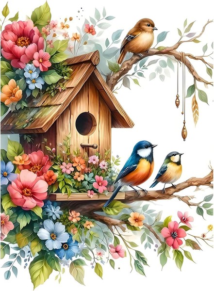 Diamond Painting Set 5D Blumen VöGel Diy Vogelhaus Wanddekoration 30X40Cm-image