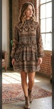 Lulus High Neck Blouson Long Sleeve Mini Dress Womens S Western Chic Festival
