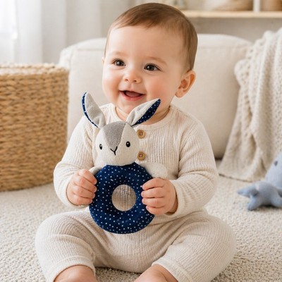 Ikea Gulligast Gray Bunny  Rattle Plush Blue Soft Ring Easy Grip Toy VGUC 