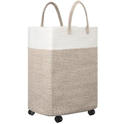 Woven Laundry Basket with Wheels 65L Cotton Rope Laundry Woven Hamper Nursery...