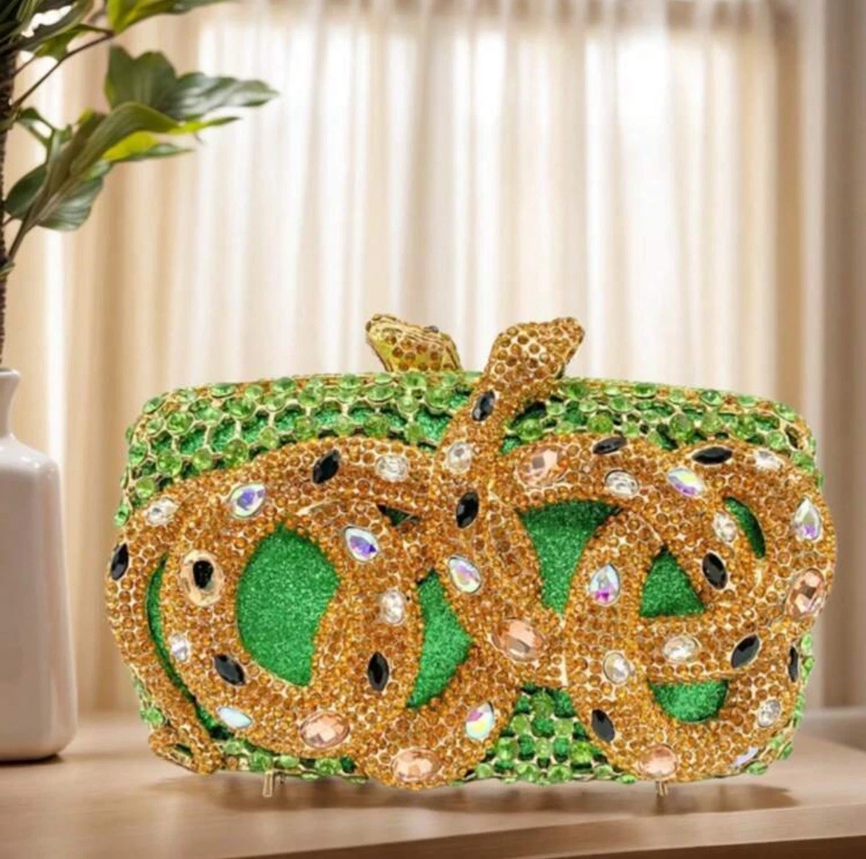 Green Gold Medusa Snake Rhinestone Purse Small Clutch Prom Party Statement Bling