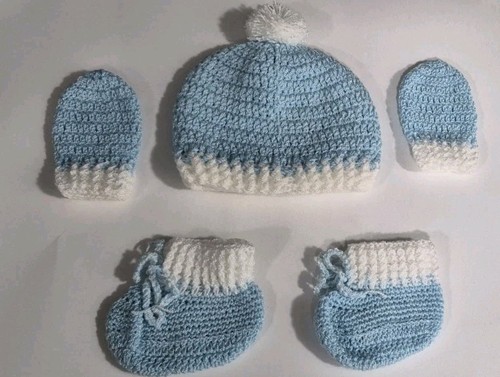 New Born Premie Crochet Hat, Gloves And Booties Blue & White