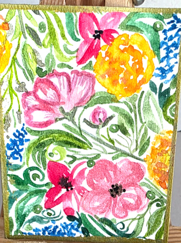 ACEO Original Painting Watercolor Flower Garden Gold Accent 2.5x3.5 OOAK Signed