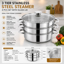3 Tier Stainless Steel Steamer Pot Glass Lid 4pc Healthy Cooking Set 25cm