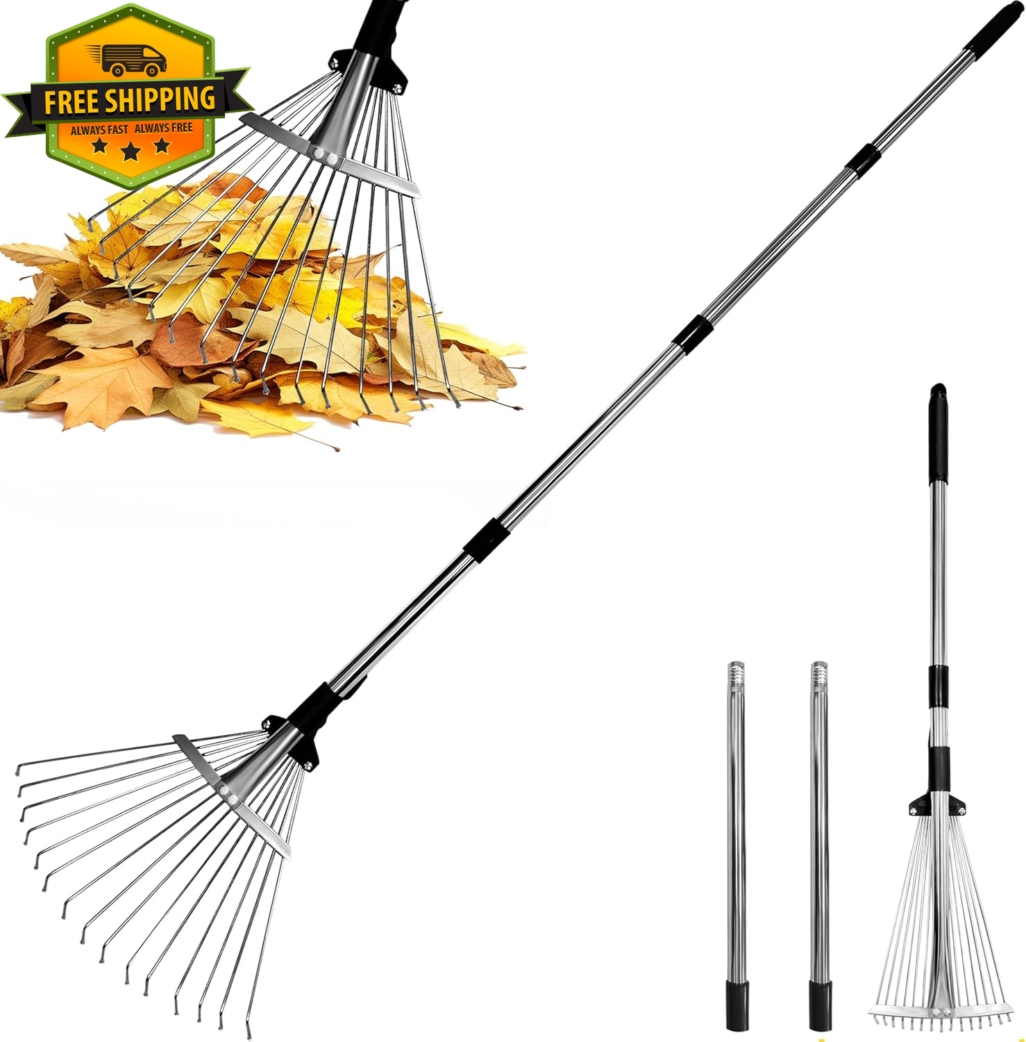 Heavy Duty Adjustable Garden Leaf Rake 33"-69" – Expandable Head 8"-15 Lawn Tool