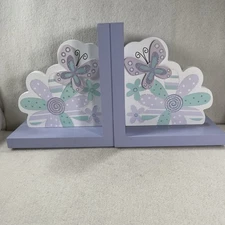 Creative Concepts For Kids Wooden Bookends Flower Butterfly Pastel Purple Green
