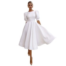 Women New Summer Solid Color Slim Fit Dress Sexy Flared Short Sleeve Midi Skirt