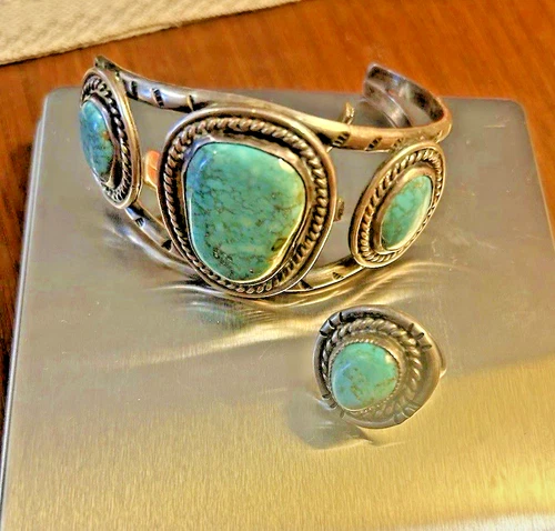 Vintage Navajo Sterling Silver Turquoise 3 Stone Cuff to Repair & Matching Ring