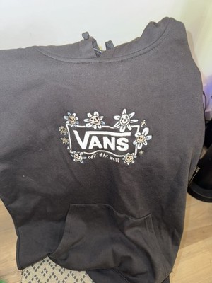 VANS Trippy Grin Hoodie Sweatshirt Pullover size M Black Embroidered Flower DS