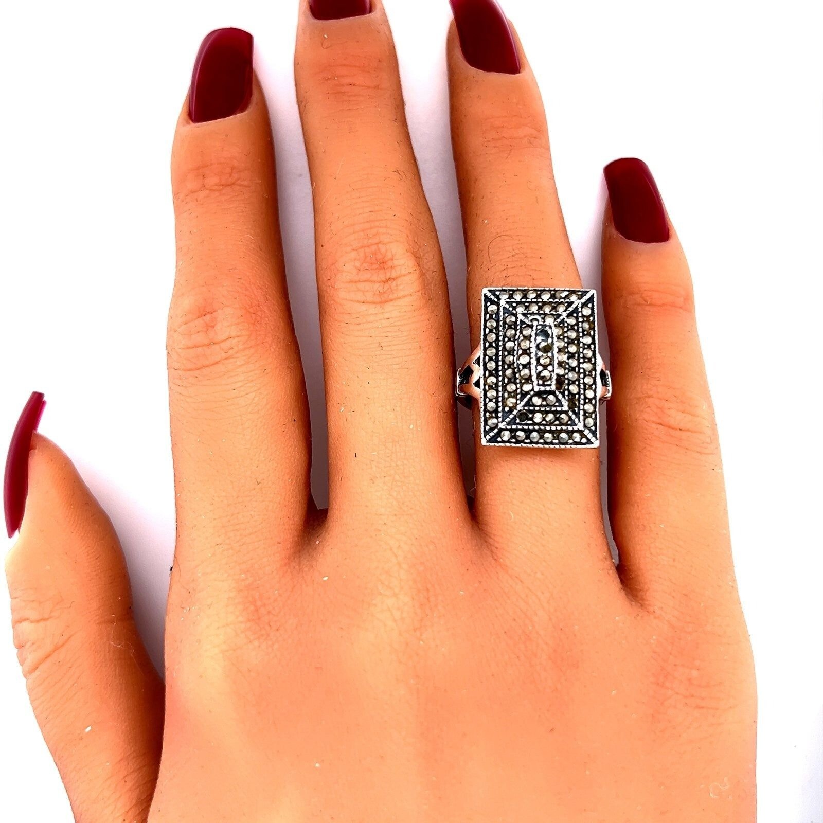 Sterling Silver Rectangular Marcasite Ring - image 8