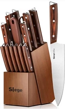 NEW Slege Aid 15pcs Stainless Steel Kitchen Knife Set Wooden Block and Sharpener