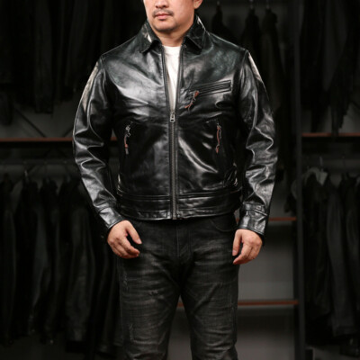 Japan Men Black Biker Jacket Leather Coat Lapel Long Sleeves Multi