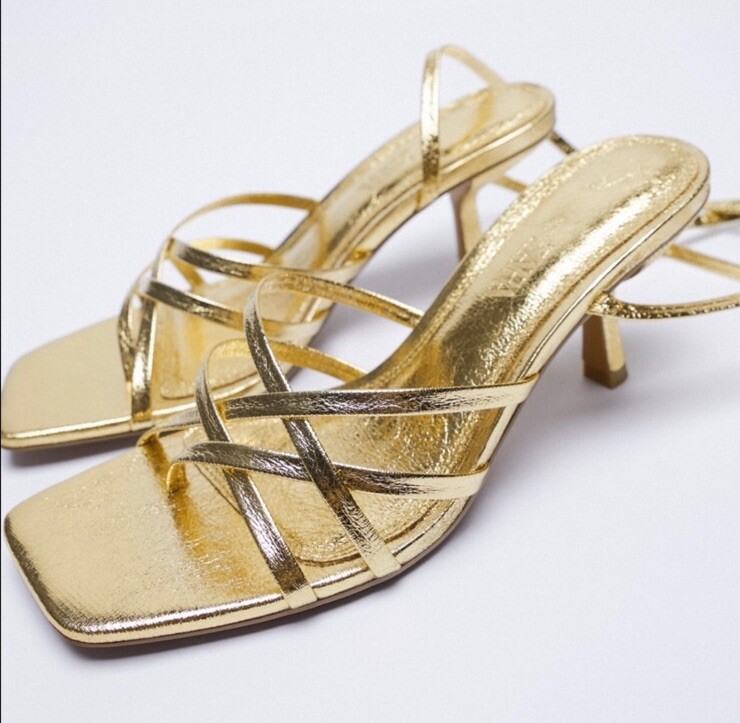 NWT Zara Gold Chic Square Toe Strap Wrap Sandal Heels Sz 38