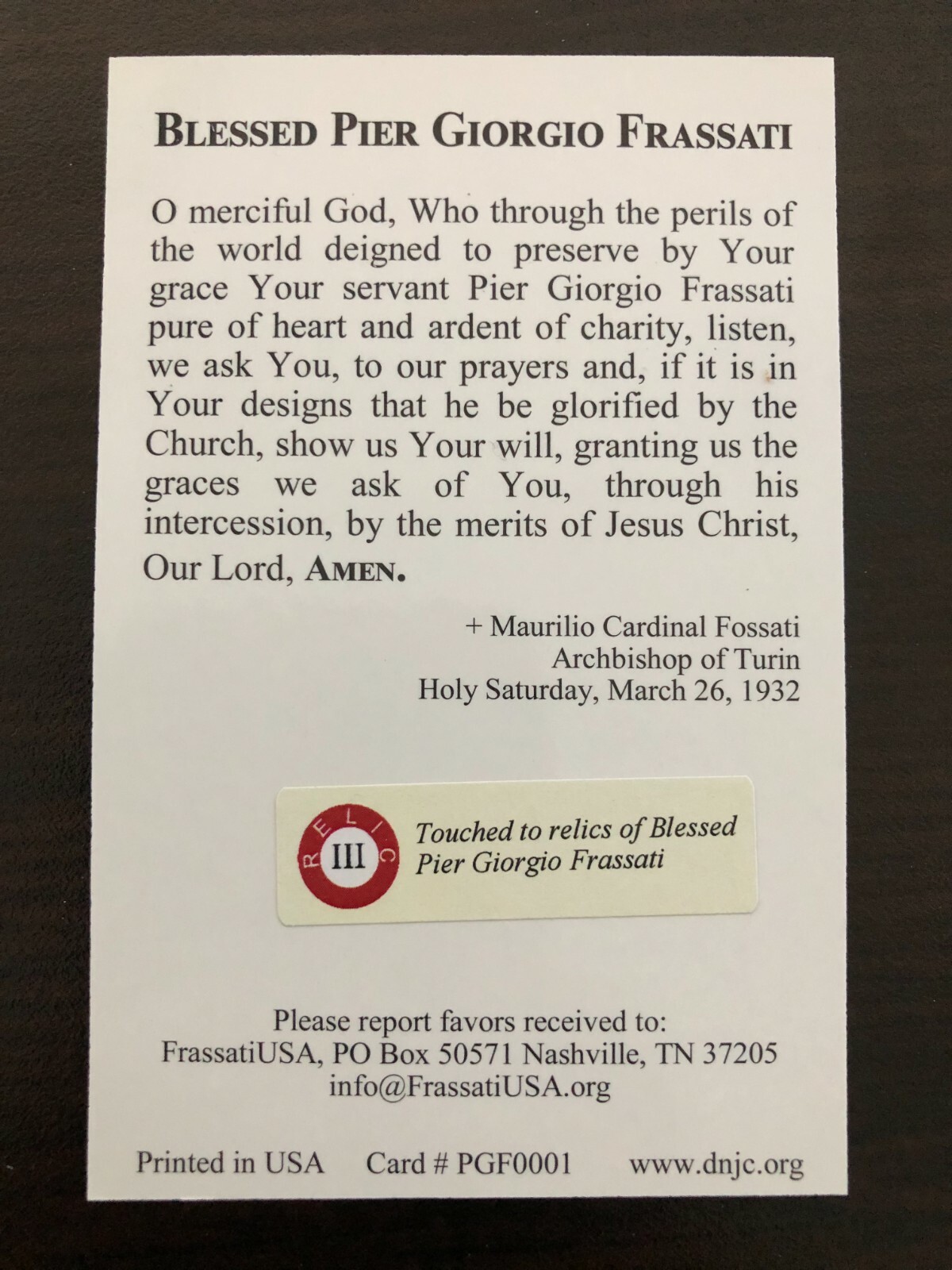 Holy Card Relic of Blessed Pier Frassati Third Class Relic