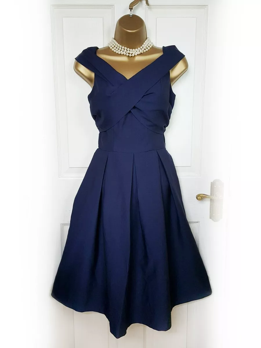 CHI CHI LONDON Navy Bardot Pleated Midi Occasion Dress BNWT eBay