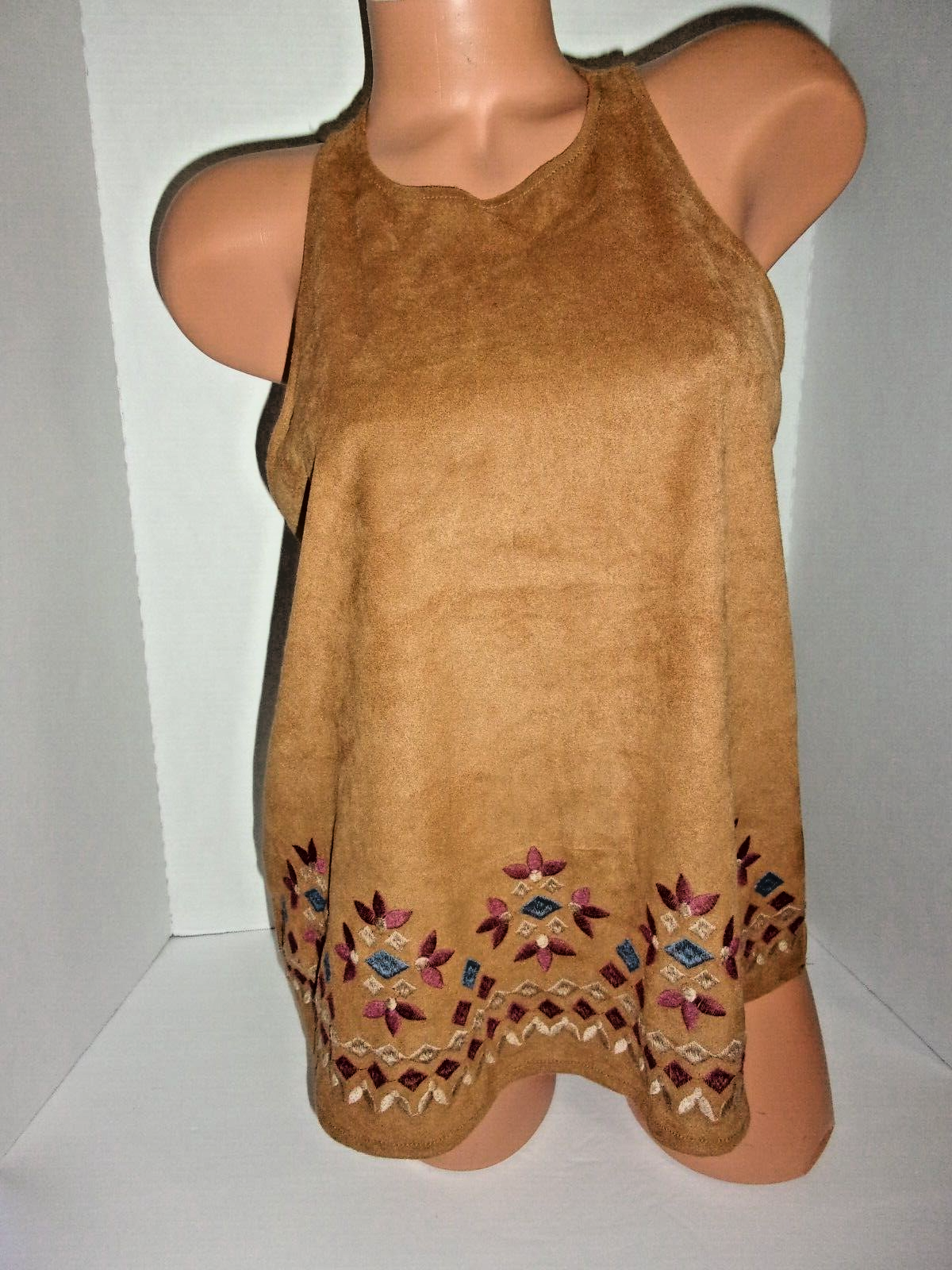 Hollister Embroidered Faux Suede Boho Festival Tank Top Lg