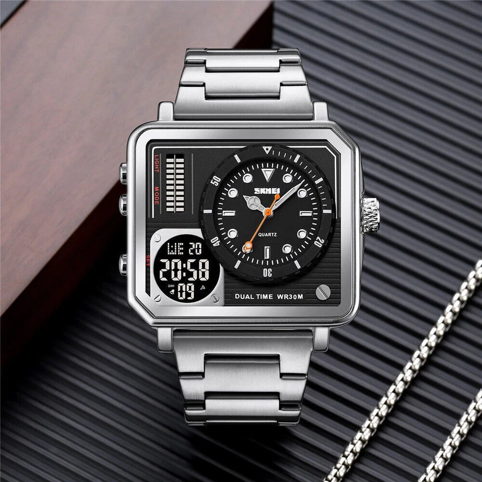 SKMEI Men Quartz Watch LED Square Digital Watches Casual Male Steel Wristwatches - Image 3 of 4