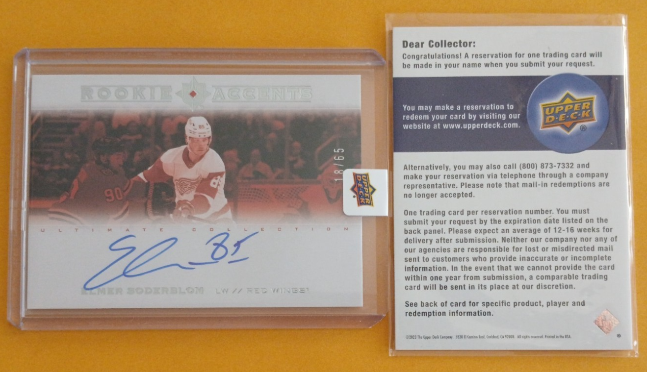 2022-23 UD Ultimate Collection Rookie Accents 18/65 Elmer Soderblom Auto RC