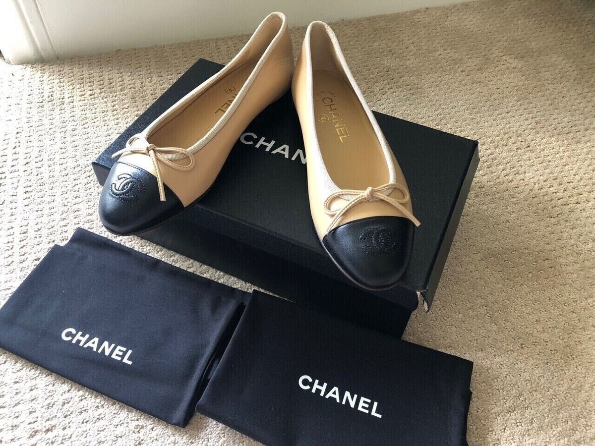New in box Chanel Size 38.5 Beige/Black Lambskin Cap Toe New in box Chanel Size 38.5 Beige/Black Lambskin Cap Toe