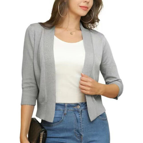 Women's Open Front 3/4 Sleeve Soft Cardigan Knitted Top Shrug Cropped Coat Tops - Picture 19 of 20