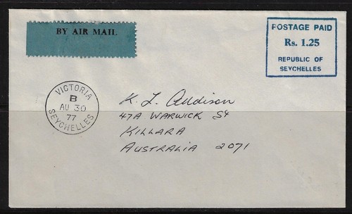 SEYCHELLES OFFICIAL 1977 POSTAGE PAID VICTORIA TO AUSTRALIA