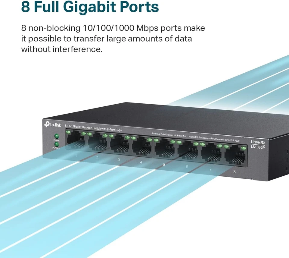 Durable Metal 8-Port Ethernet Switch with Silence & Long-Distance PoE Support - Image 4 of 4