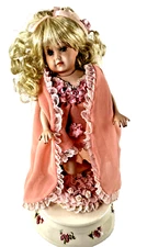 Sankyo Music Box Nymph Figurine Japan Porcelain Rotating Pink Flowers 12"