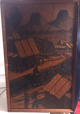 Vtg Thailand Asian hand carved panel wood art landscape house people 10 x 15