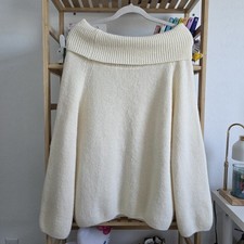 Oversized Cream Knit Over-The-Shoulder Long Sleeve Pullover Sweater