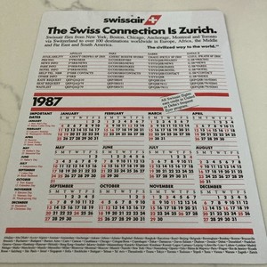Swissair The Swiss Connection Is Zurich 1987-1988 Double Sided Flex Calendar 131