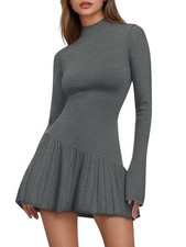 Womens Sweater Turtleneck Dress Ribbed Knit Sweater Pleated Hem Bodycon Mini ...