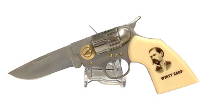 Wyatt Earp Gun Shaped Pocket knife  7 Inches Open in display gift box in hand