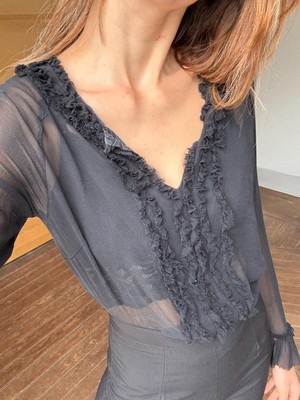 Vintage Sheer Black Blouse   Ruffled Gothic Romantic Top   Long Sleeve Sheer