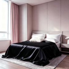 Satin Flat Sheet, Luxury and Silky Soft Bed Top Sheet Only Black, Queen