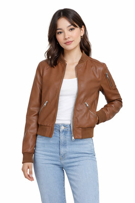 Women s Brown Faux Leather Moto Bomber Jacket Quilted Lining Zip   Size M