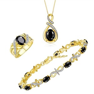 Authentic Rylos Gold Plated Silver Faceted Onyx & Diamond Gemstone Matching Set Sz 5-10