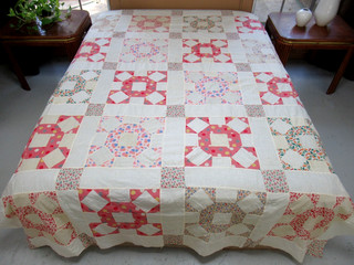 Vintage Hand Pieced Feed Sack SINGLE WEDDING RING Quilt TOP; 92" x 74"; Good!