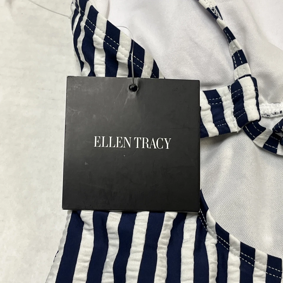 Traje de baño Ellen Tracy para mujer 12 azul marino a rayas con volantes parte superior acanalado de una pieza náutico Foto 4 de 4