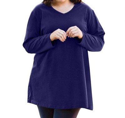 On The Plus Side Jersey V-Neck Long Sleeve Tunic - Plus Blueberry