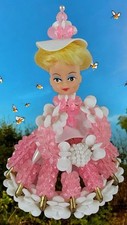Vtg Victorian Bead And Safety Pin Doll Kitschy Pink Dress Handmade Decoration