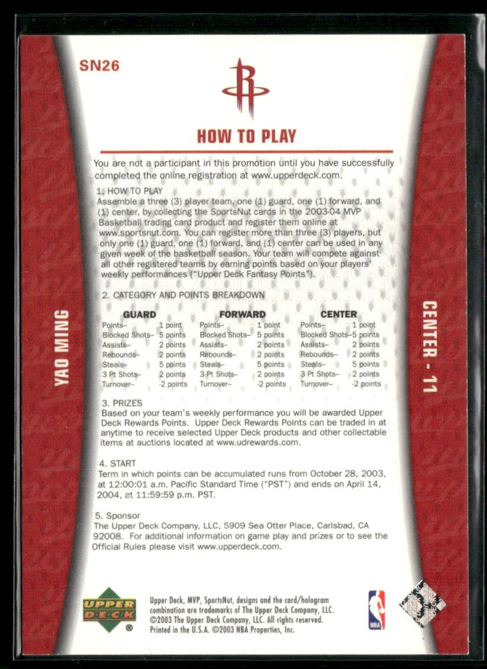 2003-04 Upper Deck MVP Sportsnut Fantasy Yao Ming #SN26 Houston Rockets - Image 2 of 2
