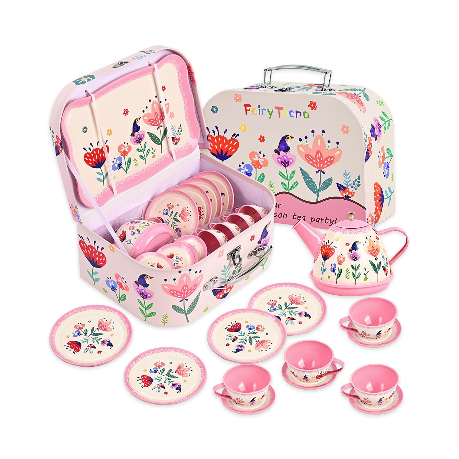 Party Set Kids Pretend Play Tea Set With Case Pink